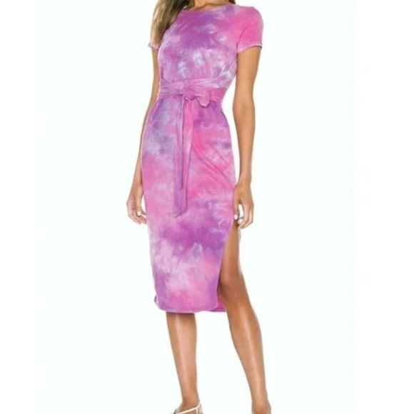 Lovers + Friends Dress Womens M Pink Brooklyn Tie Dye Midi Side Slit Stretch - Picture 9 of 9